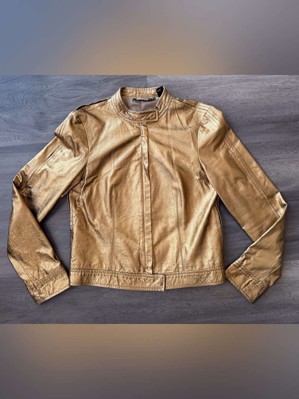 Women’s Vintage DKNY Metallic Gold Leather Moto Jacket Size 4